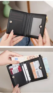 Women bifold short wallet black PU leather card holder zipper coin purse compact daily use.