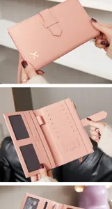 Porte-passeport de voyage rose avec plusieurs fentes pour cartes et emplacement pour carte SIM.