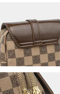 Retro print women phone bag detail shot, double layer vertical crossbody shoulder bag.