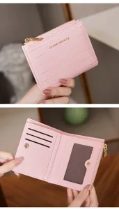 Pink crocodile pattern women bifold short wallet detail showing card slots and zipper.