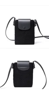 Black plush phone crossbody bag with leather flap chic mini shoulder bag for women casual.