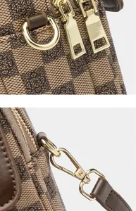 Brown checkered crossbody phone bag detail shot, vintage PU leather women shoulder handbag.