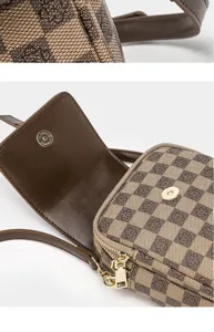 Brown checkerboard mini crossbody phone bag, double layer vertical women shoulder bag.