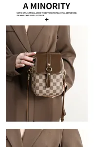 Retro brown checkered crossbody phone bag for women, stylish contrast color double layer shoulder bag