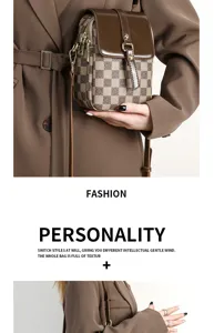 Retro brown checkered women phone bag stylish double layer crossbody shoulder bag detail