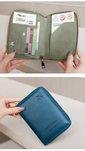 RFID blocking travel wallet passport holder organizer with card slots and zipper closure for trips.
