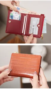 Women short wallet bifold zipper coin purse crocodile pattern card holder compact elegant accessory