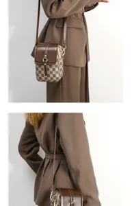 Retro Maillard checkered cross-body mobile phone bag with double layers and chic design.