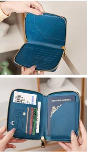 Detailed view of blue passport holder interior, multiple card slots and secure zip design.