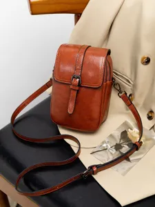 Women Retro PU Leather Crossbody Bag Double Layer Large Capacity Vintage Shoulder Bag Casual Purse With Metal Buckle