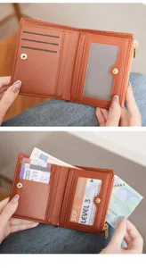 Women short bifold wallet brown PU leather card holder zipper coin purse compact design 2024