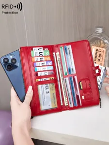 RFID blocking multi-functional double zipper wallet large capacity card holder red purse