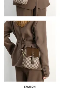 Brown checkered phone bag detail shot, vintage PU leather double layer crossbody design.