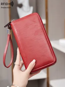 RFID blocking double zipper long wallet for women, large capacity red leather clutch purse.