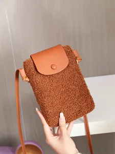 Cute vintage fuzzy plush mini crossbody phone bag with flap and strap for women main view