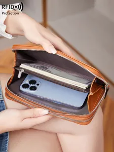 RFID protection double zipper long wallet large capacity leather purse for mobile phone
