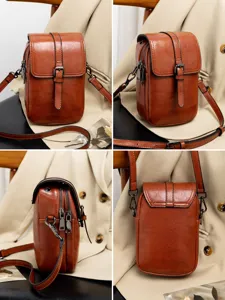 Vintage PU leather women's crossbody bag with double compartments, stylish and lightweight.