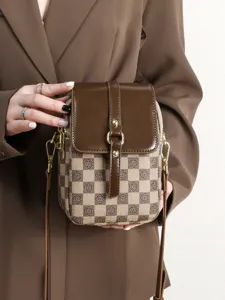 Women's Retro PU Leather Crossbody Phone Bag Vintage Checkered Patchwork Color Block Double Layer Vertical Shoulder Bag