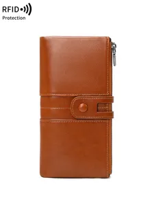 Women's RFID blocking long wallet, brown leather multi-function clutch with snap and zipper.
