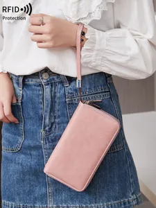 RFID protection double zipper long wallet for women, pink PU leather wristlet purse clutch.