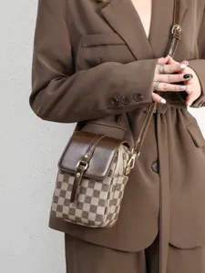 Women brown checkered crossbody phone bag retro spliced double layer small shoulder bag
