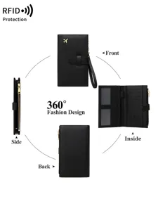 Porte passeport voyage noir anti RFID avec fentes pour cartes multiples et dragonne elegante