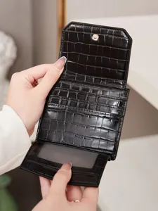 Portefeuille court trifold noir pour femme motif crocodile avec emplacements cartes ID.