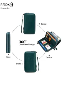RFID double zipper large capacity long wallet, multi-functional portable card holder in green.