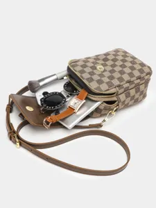 Retro brown checkerboard print crossbody mobile phone bag, double layer vertical shoulder bag.