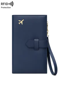 Porte passeport de voyage anti RFID étui organiseur portefeuille avec dragonne bleu marine