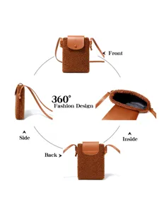 Brown plush crossbody phone bag for women, cute fluffy mini shoulder bag with flap design.