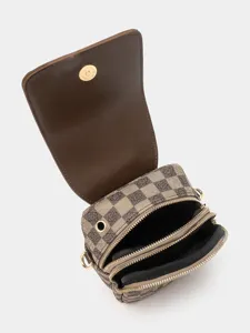 Women Retro Checkered Crossbody Mobile Phone Bag Double Layer Casual Shoulder Bag