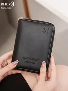 RFID blocking travel wallet for passport and cards, black leather zipper organizer bag
