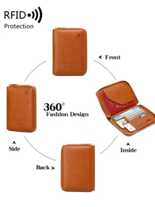 RFID blocking travel wallet passport holder in brown PU leather with multiple card slots.