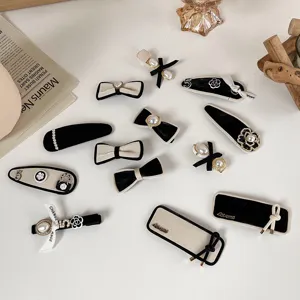 Korean style black and white camellia pearl hair clips sweet cute bangs clips for women