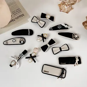 Korean style black and white camellia pearl hair clips cute bow bangs clip hair accessories