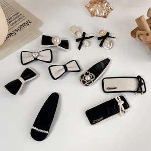 Black and white pearl camellia bow hair clips sweet cute hair accessories set for women