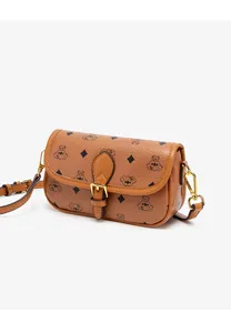Brown vintage print women shoulder bag detail, flap square crossbody bag design.