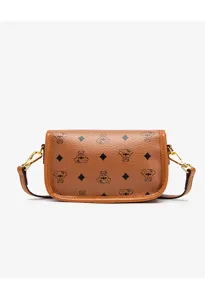 Women vintage print leather crossbody bag stylish flap shoulder bag for daily casual use.
