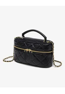 Black quilted chain vanity bag with top handle, gold hardware and classy style detail.