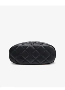Black quilted leather cross body bag detail view, classic chic diamond pattern design for women