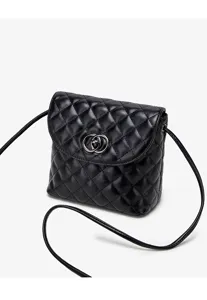 Black quilted crossbody bag for women, chic metal ring lock and adjustable slim strap