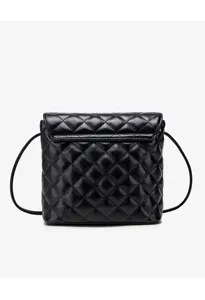 Black quilted crossbody bag detail showcasing classic diamond pattern and sleek design.