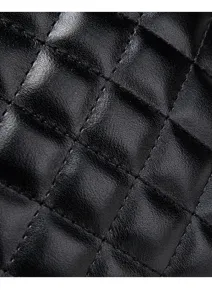 Close-up detail of black quilted leather material with classic diamond pattern texture.