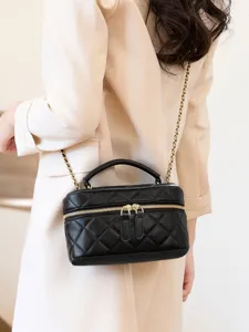 Black quilted chain shoulder bag, stylish top handle crossbody bag for women daily wear.