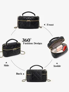 Black quilted vanity bag with gold chain handle, classic chic design for women fashion.