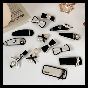 Korean style black and white camellia pearl hair clips set sweet bow BB hairpin accessories