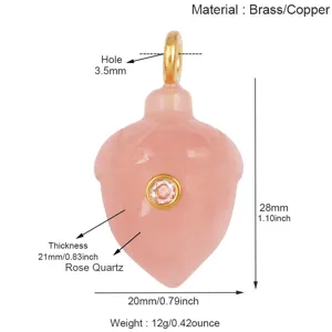 Pink crystal acorn pendant detail view, brass metal component, gemstone size spec.