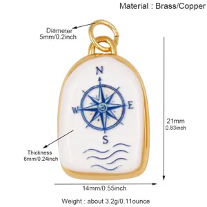 Messing kompas hanger oceaan marine stijl sieraden accessoire met gedetailleerde afmetingen.