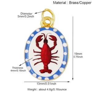 Gedetailleerd overzicht van messing kreeft hanger met afmetingen en materiaalspecificatie.
